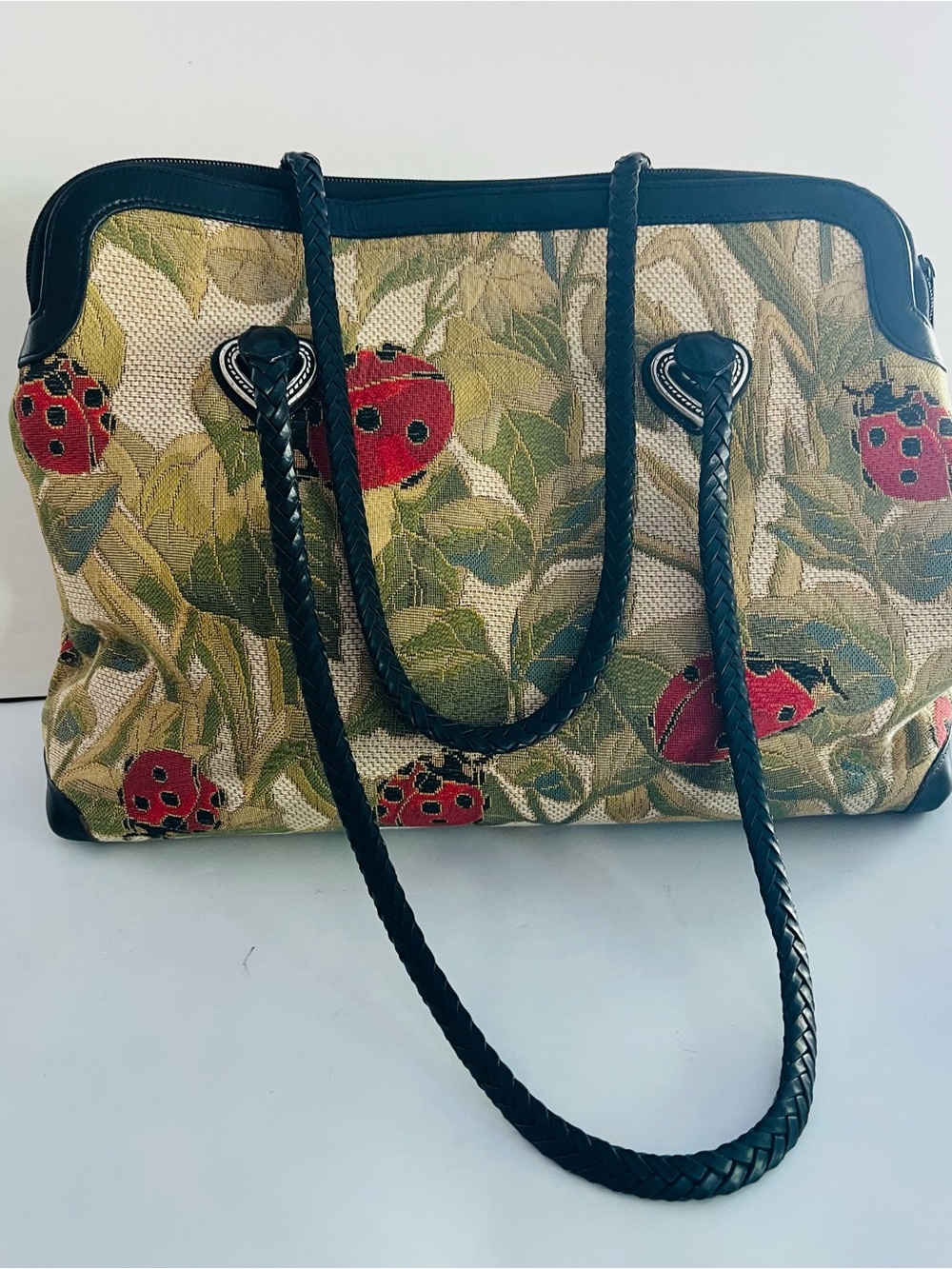Brighton Alyssa Ladybug Tapestry Handbag - Braided Leather Handles - Heart Logo